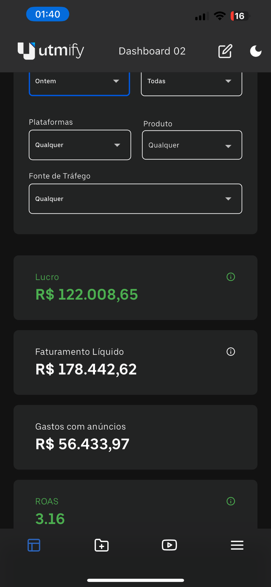 Utmify · Ontem